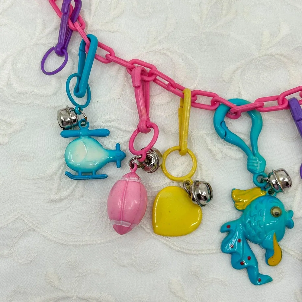 Vintage 80s Plastic Charms Clip and Bell Necklace Pink Chain Funky Colorful Toy - Picture 12 of 13